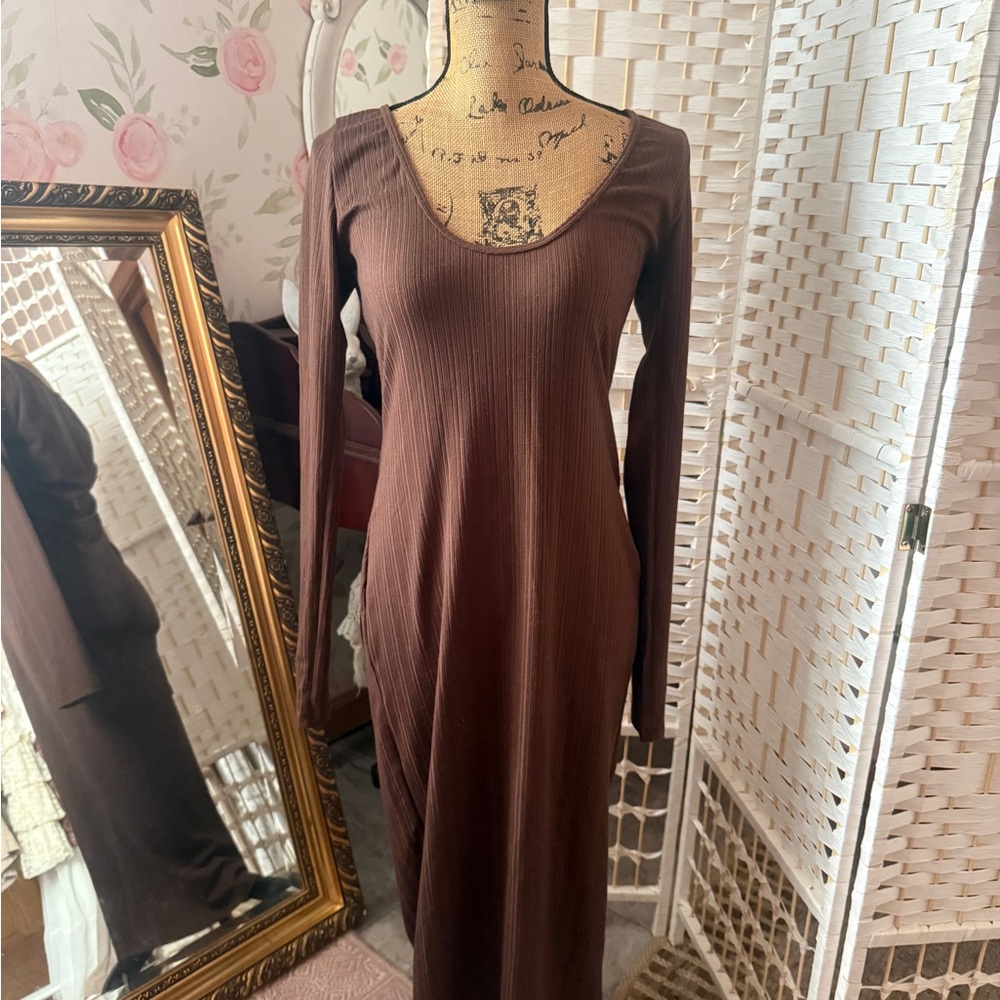 Halara Brown Ribbed Long Sleeve Maxi Dress